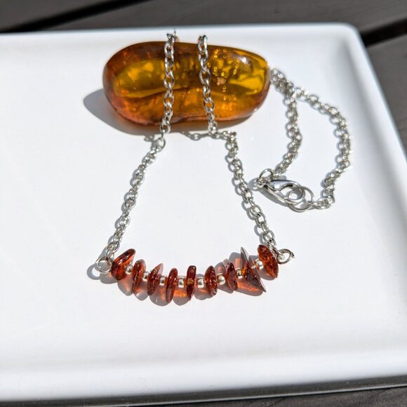 Genuine Natural Orange Amber Silver Chain Necklace - Picture 4 of 9